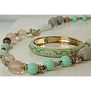 Mint Green Gold Necklace Bracelet Set Iridescent Beaded Crystals Vintage Glam